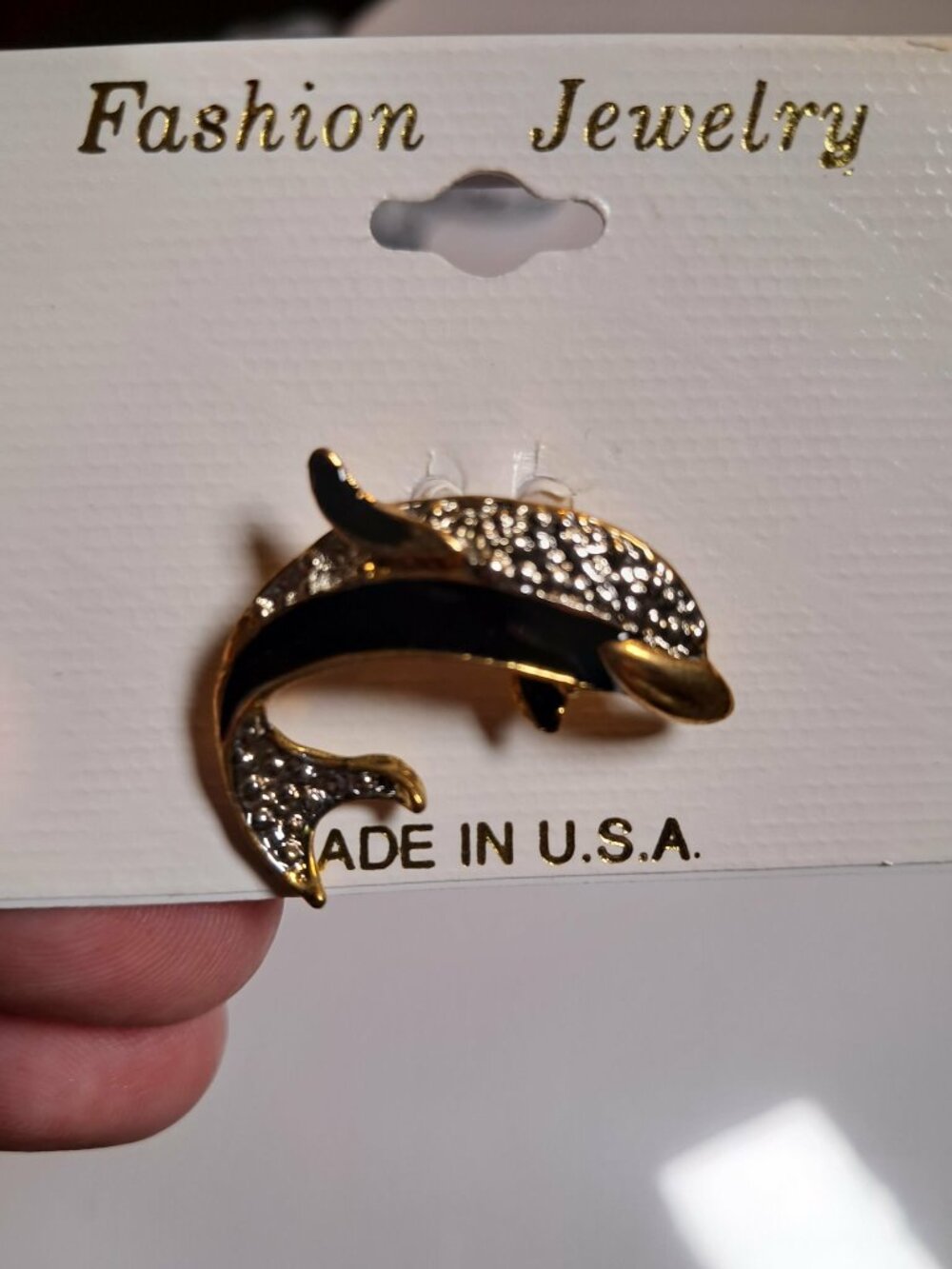 Vintage Gold Tone Dolphin Brooch Black Enamel Rhinestones - Picture 3 of 5